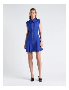 Linen Blend Zip Pleated Mini Dress in Cobalt