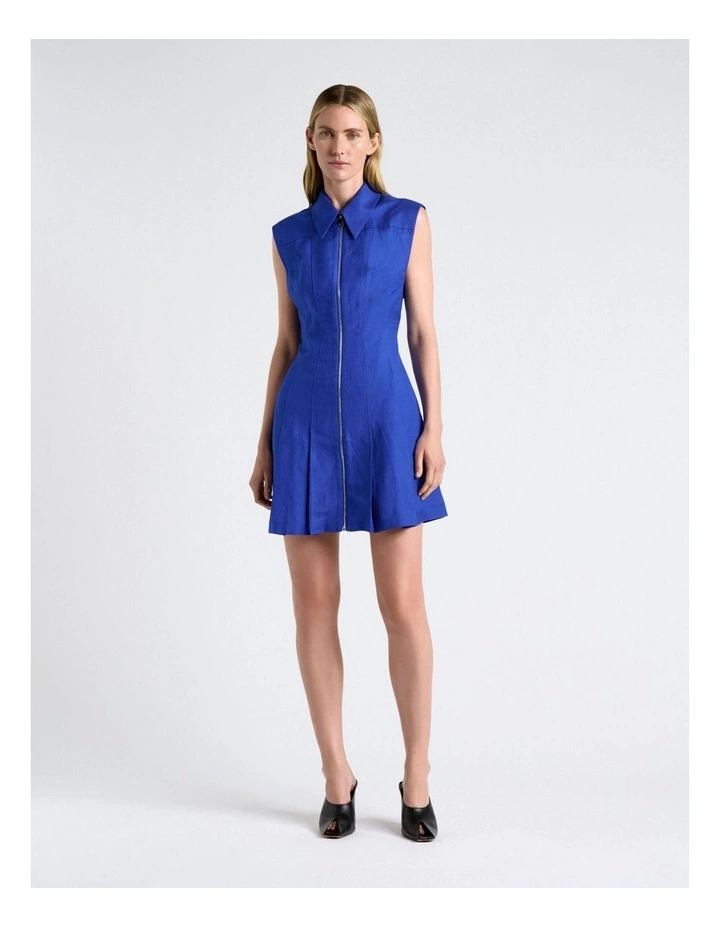 Linen Blend Zip Pleated Mini Dress in Cobalt image 1