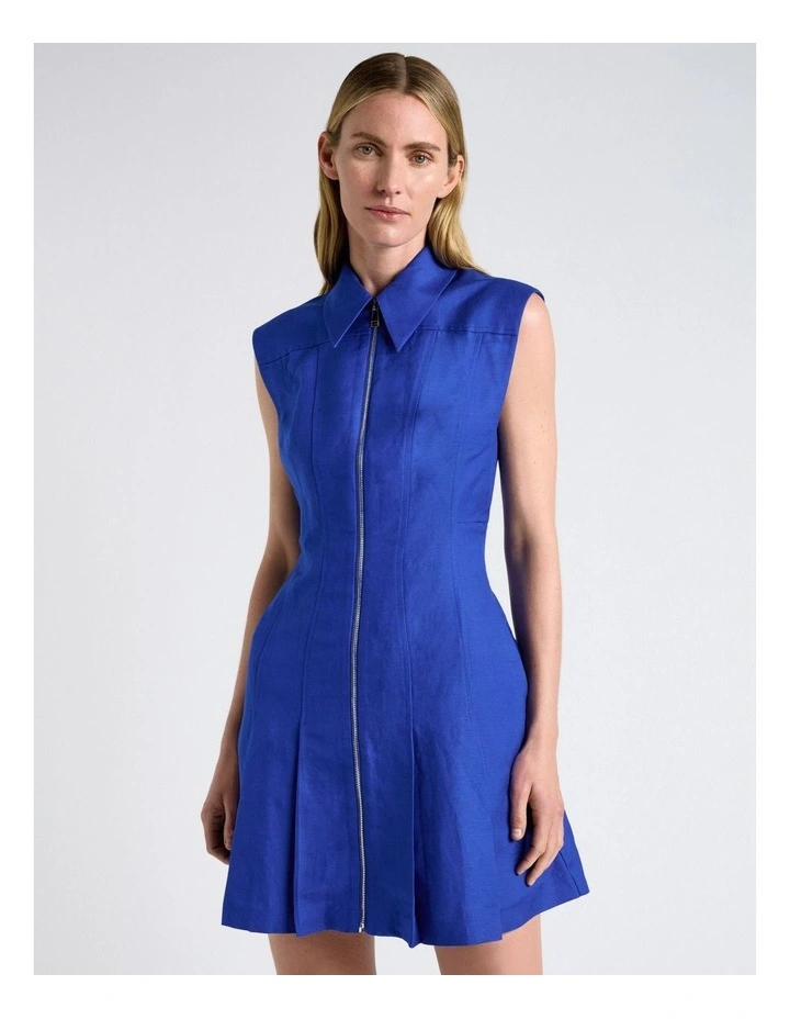 Linen Blend Zip Pleated Mini Dress in Cobalt image 3