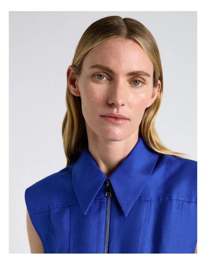 Linen Blend Zip Pleated Mini Dress in Cobalt image 4