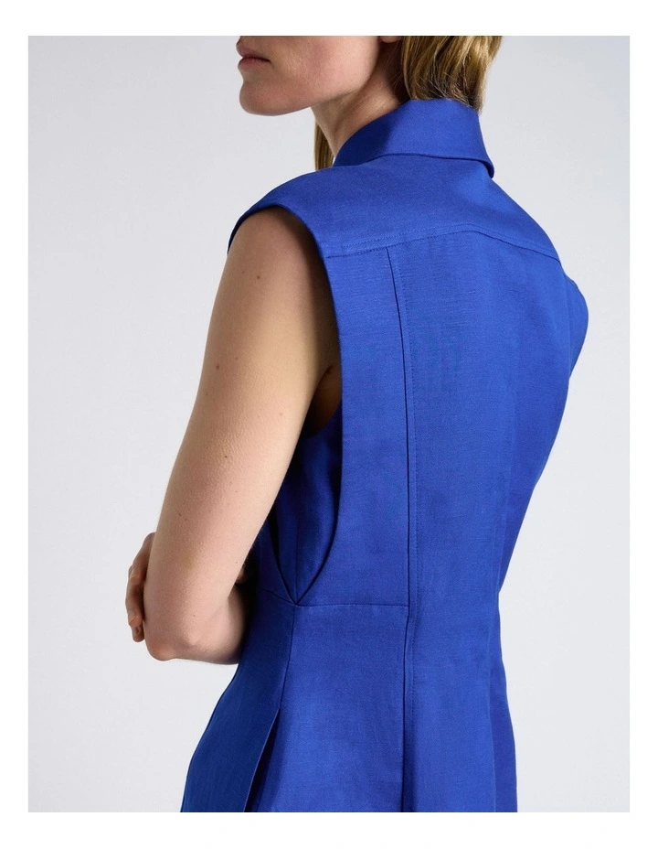 Linen Blend Zip Pleated Mini Dress in Cobalt image 5