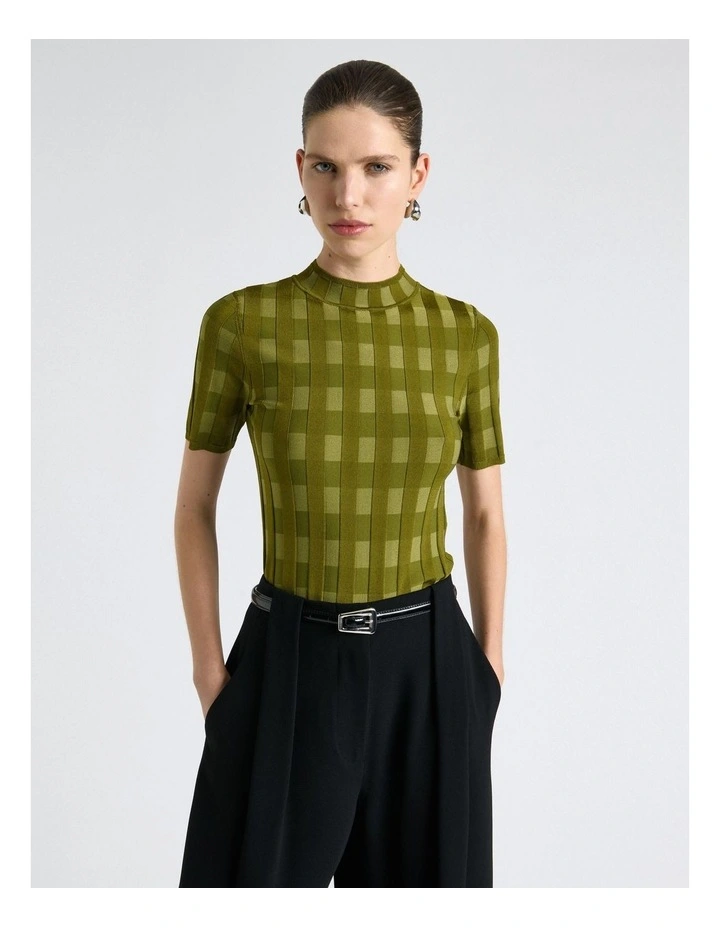 Shiny Tonal Check Knit in Avocado image 1