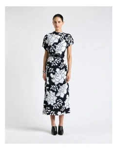 Graphic Floral Fold Neck Midi Dress in Black