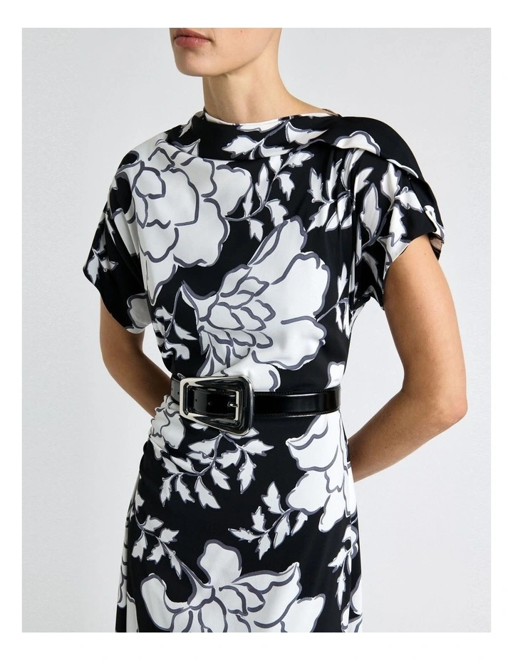 Graphic Floral Fold Neck Midi Dress in Black image 2