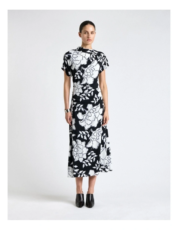 Graphic Floral Fold Neck Midi Dress in Black image 3