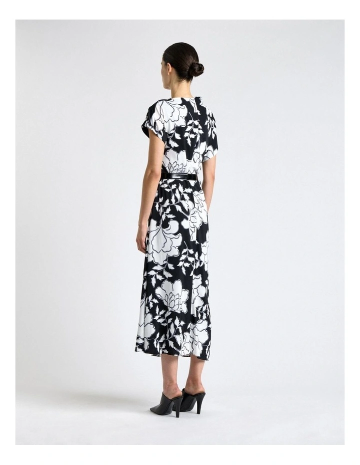 Graphic Floral Fold Neck Midi Dress in Black image 4