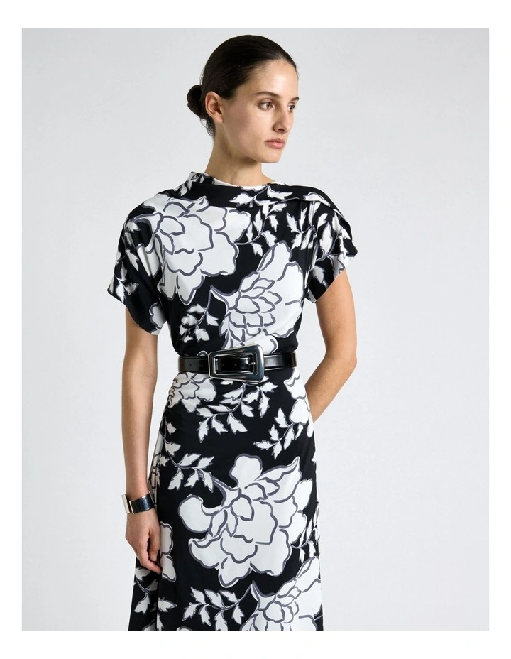 Graphic Floral Fold Neck Midi Dress in Black image 5