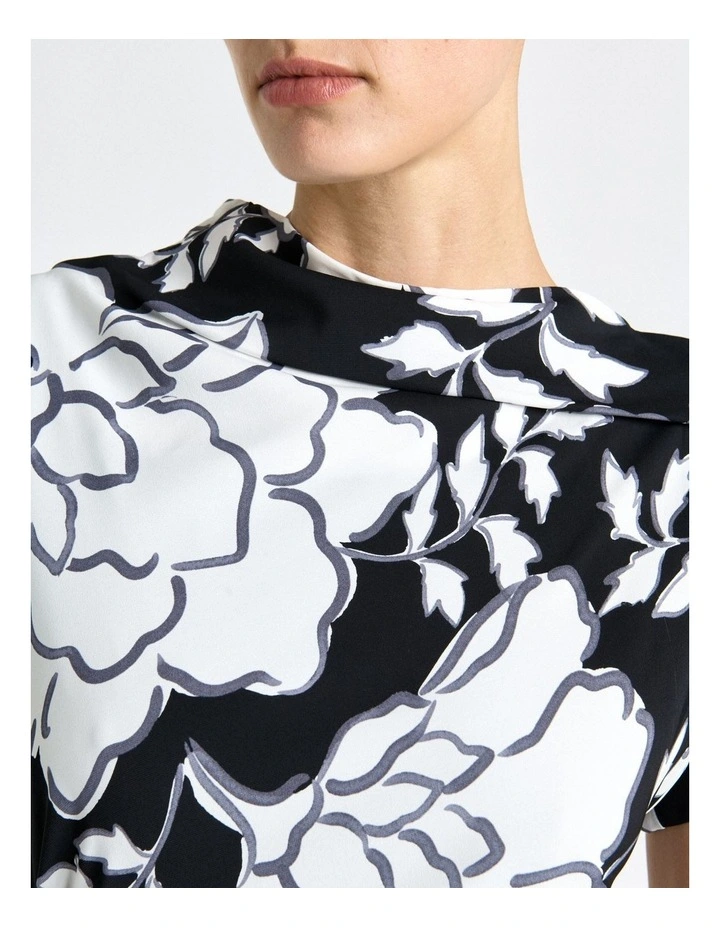 Graphic Floral Fold Neck Midi Dress in Black image 6