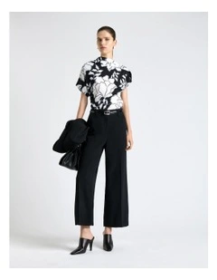 Graphic Floral Fold Neck Top in Black