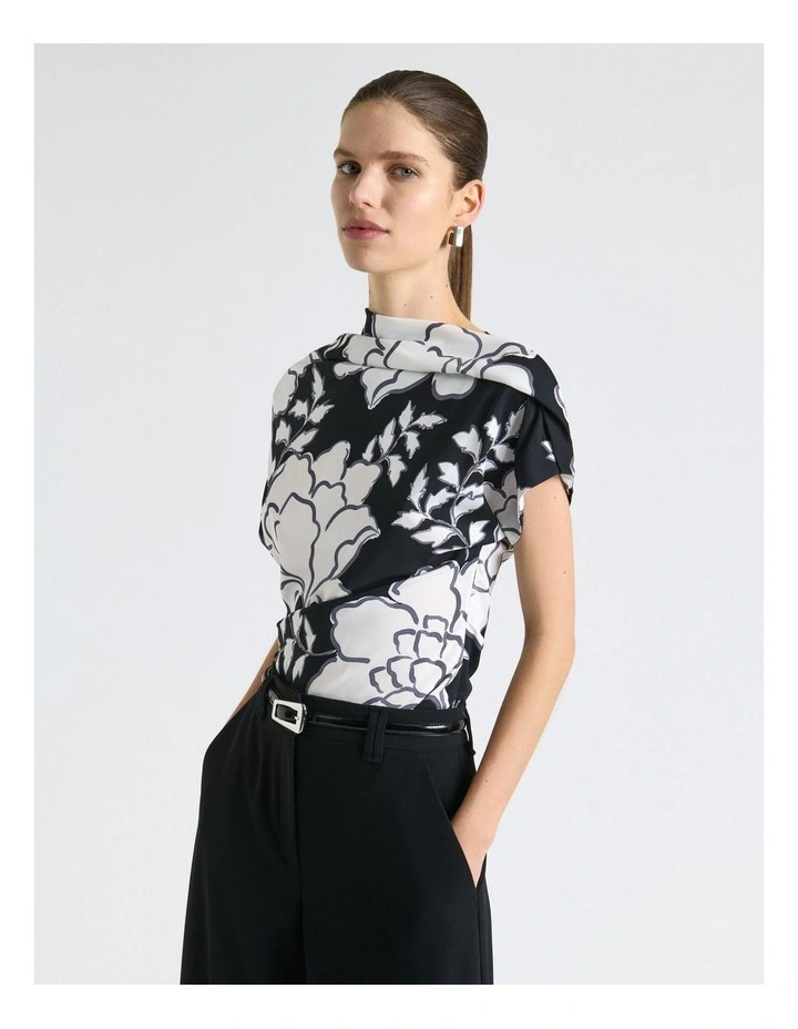 Graphic Floral Fold Neck Top in Black image 3