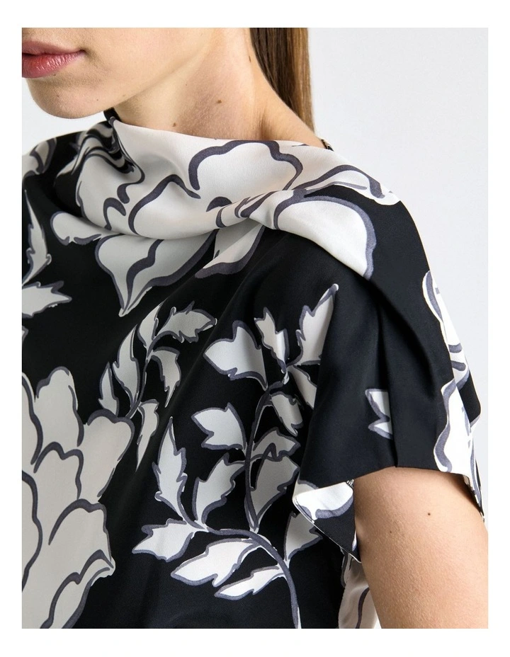 Graphic Floral Fold Neck Top in Black image 5