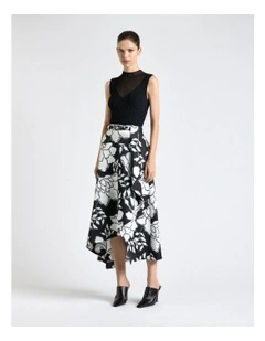 Graphic Floral Satin Draped Midi Skirt in Black