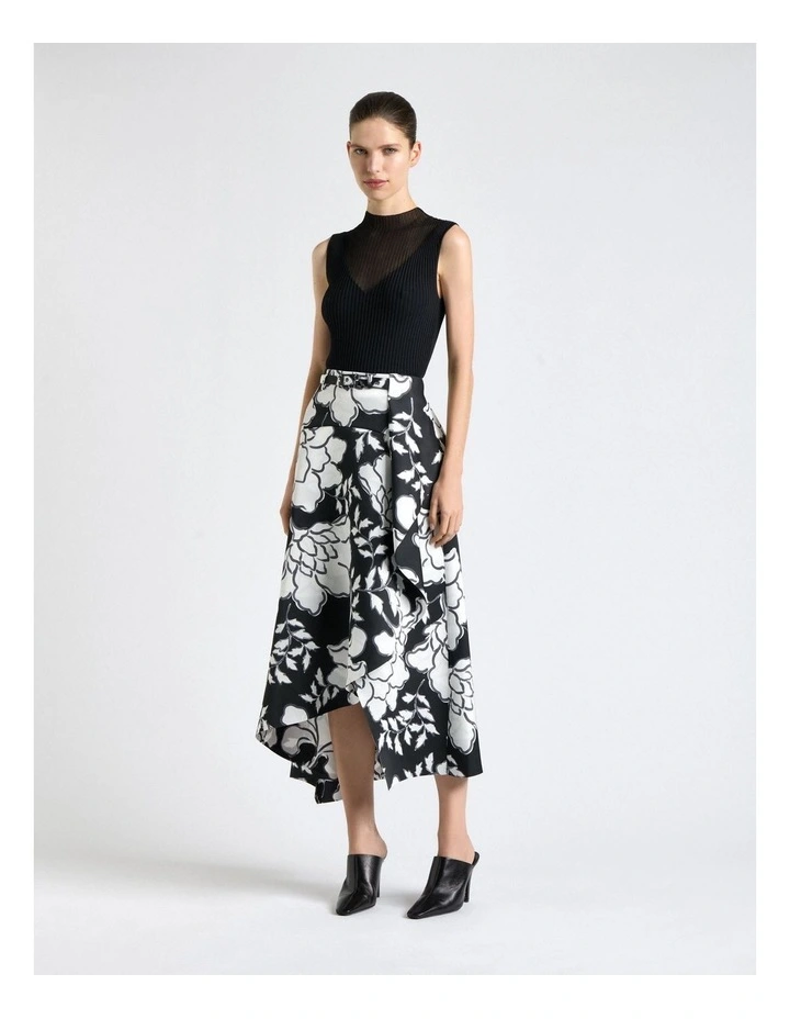 Graphic Floral Satin Draped Midi Skirt in Black image 1