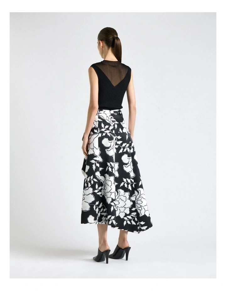 Graphic Floral Satin Draped Midi Skirt in Black image 2