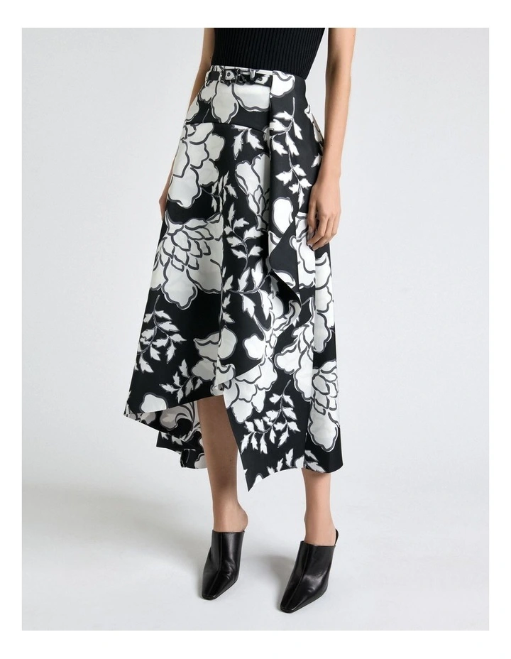 Graphic Floral Satin Draped Midi Skirt in Black image 3