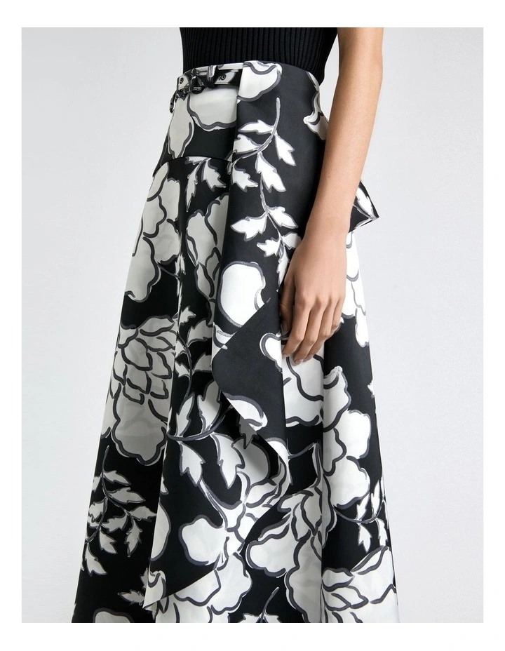 Graphic Floral Satin Draped Midi Skirt in Black image 4