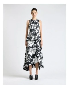 Graphic Floral Satin Peplum Top in Black