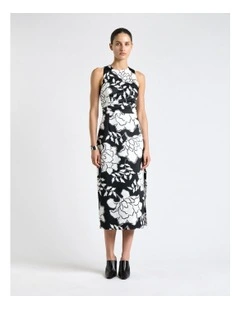 Graphic Floral Satin Tucked Midi Dress in Black