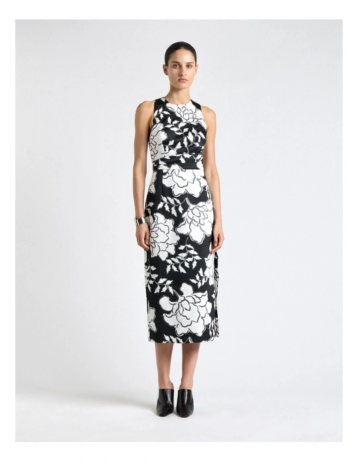 Graphic Floral Satin Tucked Midi Dress in Black image 1