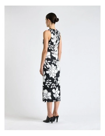 Graphic Floral Satin Tucked Midi Dress in Black
