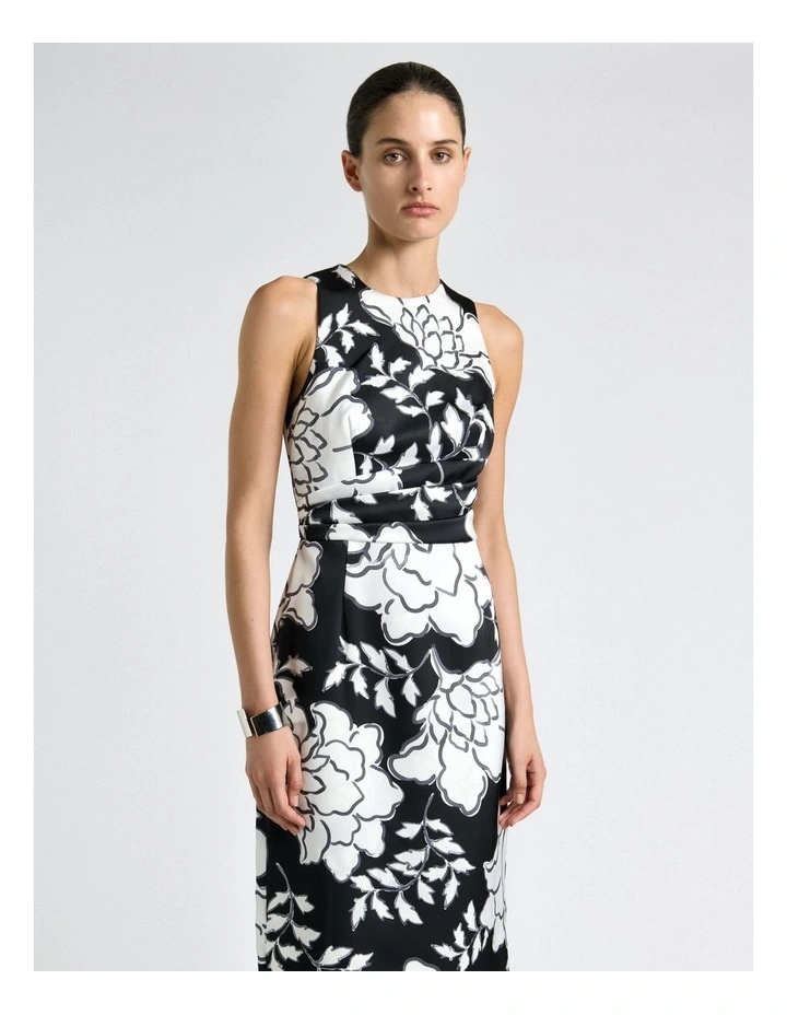 Graphic Floral Satin Tucked Midi Dress in Black image 3