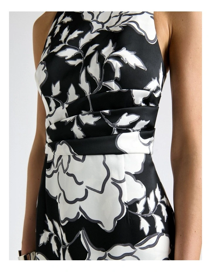 Graphic Floral Satin Tucked Midi Dress in Black image 4