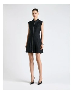 Linen Blend Zip Pleated Mini Dress in Black