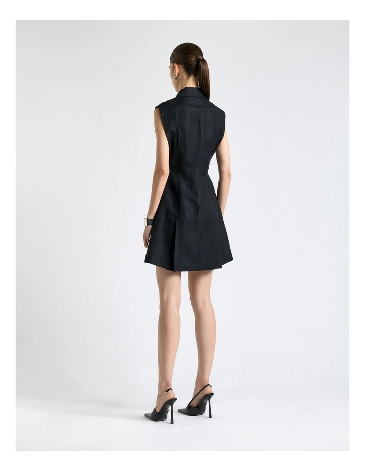 Linen Blend Zip Pleated Mini Dress in Black image 2
