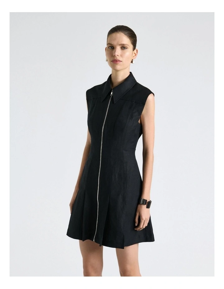 Linen Blend Zip Pleated Mini Dress in Black image 3