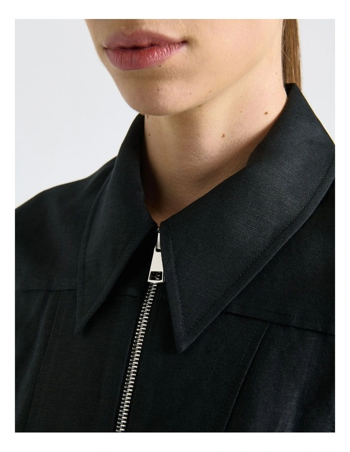 Linen Blend Zip Pleated Mini Dress in Black image 4