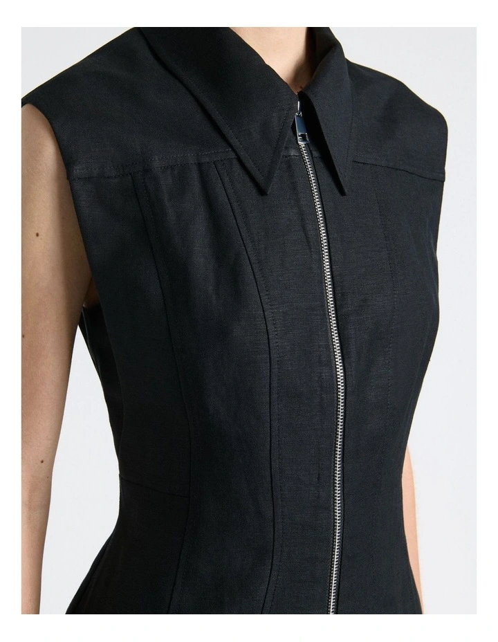 Linen Blend Zip Pleated Mini Dress in Black image 5