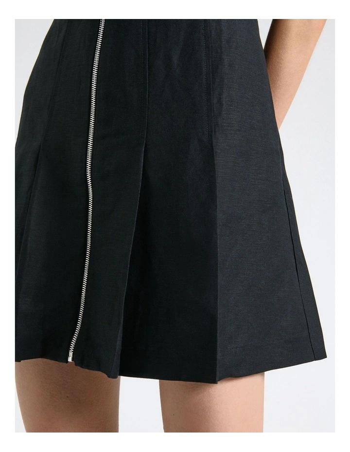 Linen Blend Zip Pleated Mini Dress in Black image 6