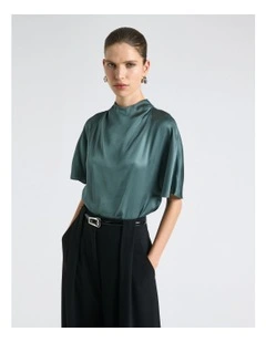 Satin Draped Neck Blouse in Blue
