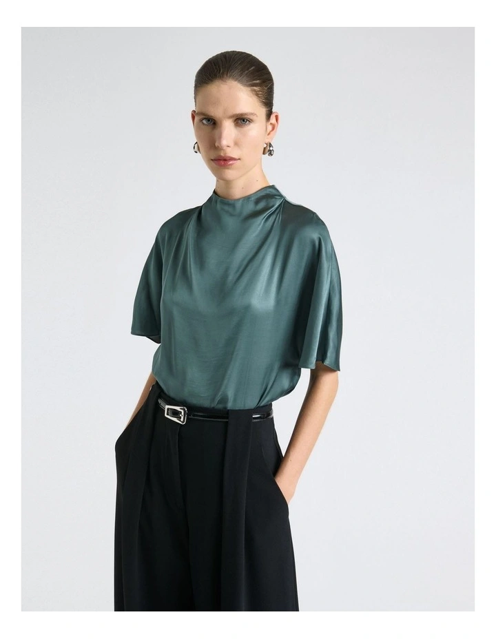 Satin Draped Neck Blouse in Blue image 1