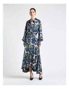 Mirage Satin Long Sleeve Midi Dress in Blue