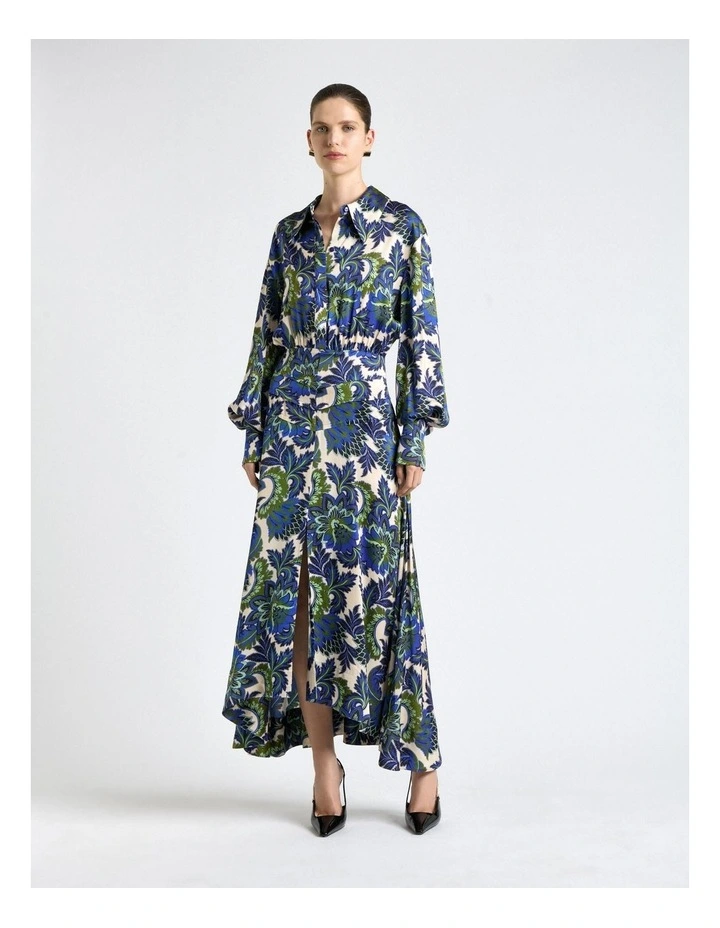 Mirage Satin Long Sleeve Midi Dress in Blue image 1