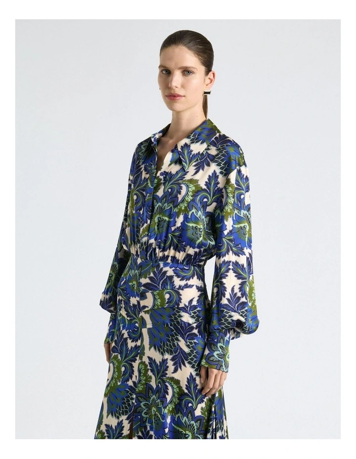 Mirage Satin Long Sleeve Midi Dress in Blue image 3