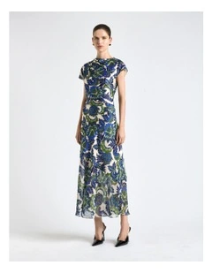 Mirage Satin Drape Neck Midi Dress in Blue