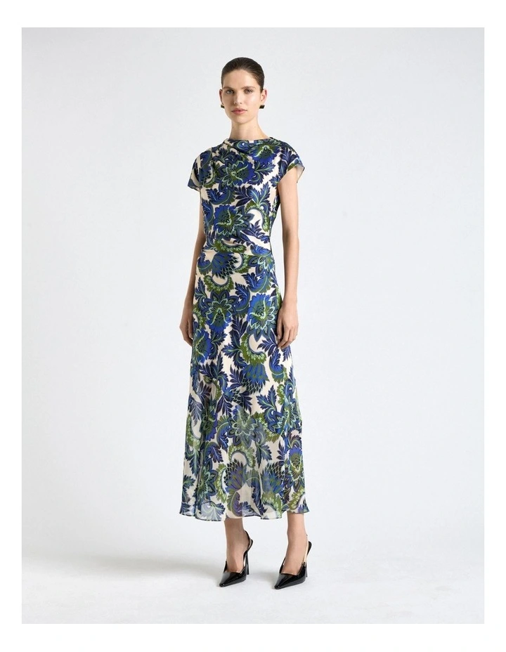 Mirage Satin Drape Neck Midi Dress in Blue image 1