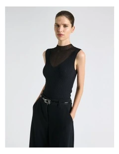 Solid And Sheer Rib Knit Tank in Black
