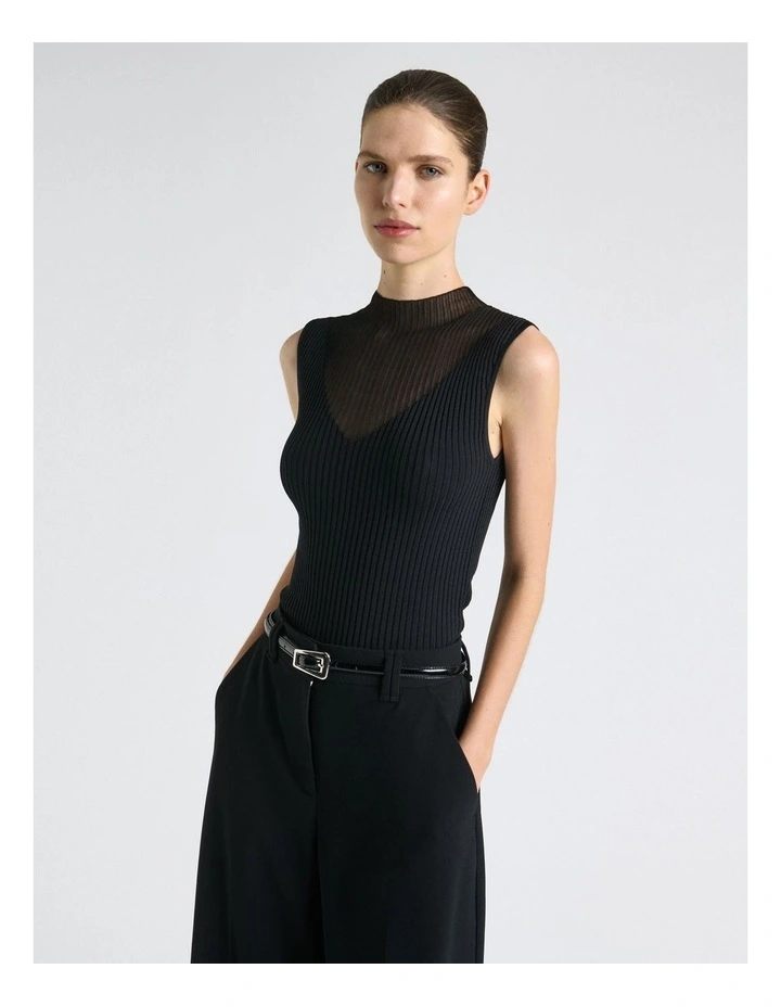 Solid And Sheer Rib Knit Tank in Black image 1