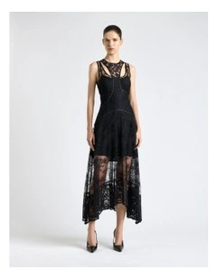 Paisley Lace Layered Midi Dress in Black