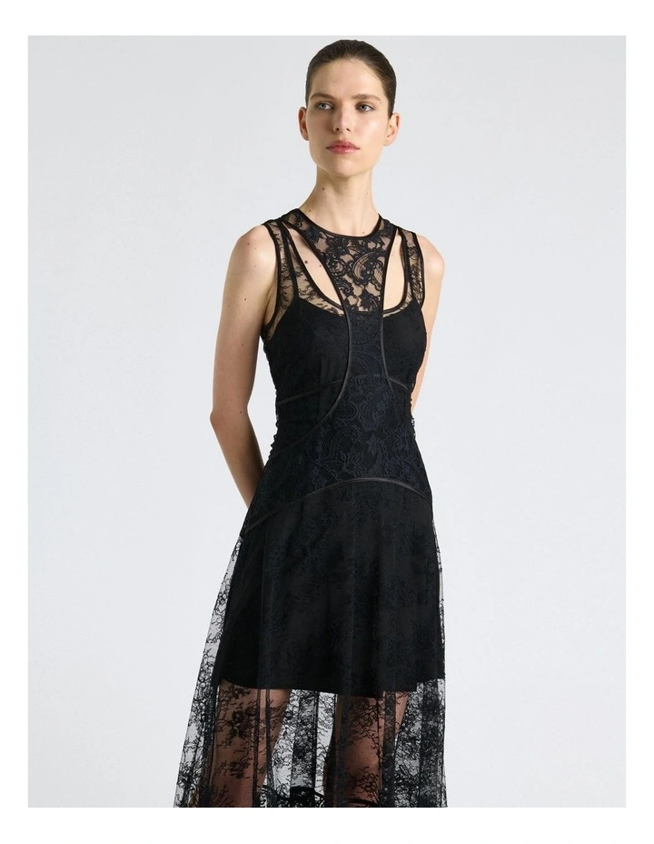 Paisley Lace Layered Midi Dress in Black image 3