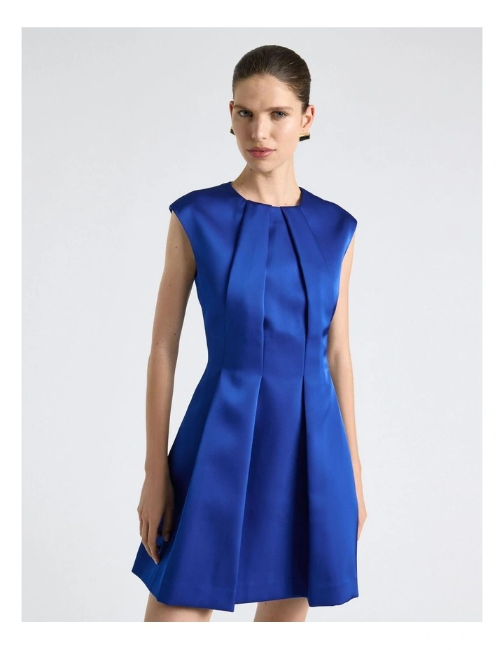 Bonded Satin Sculptured Mini Dress in Blue image 3