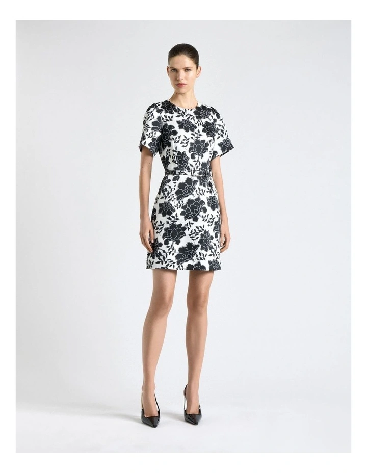 Graphic Floral Satin Mini Dress in Cream image 1