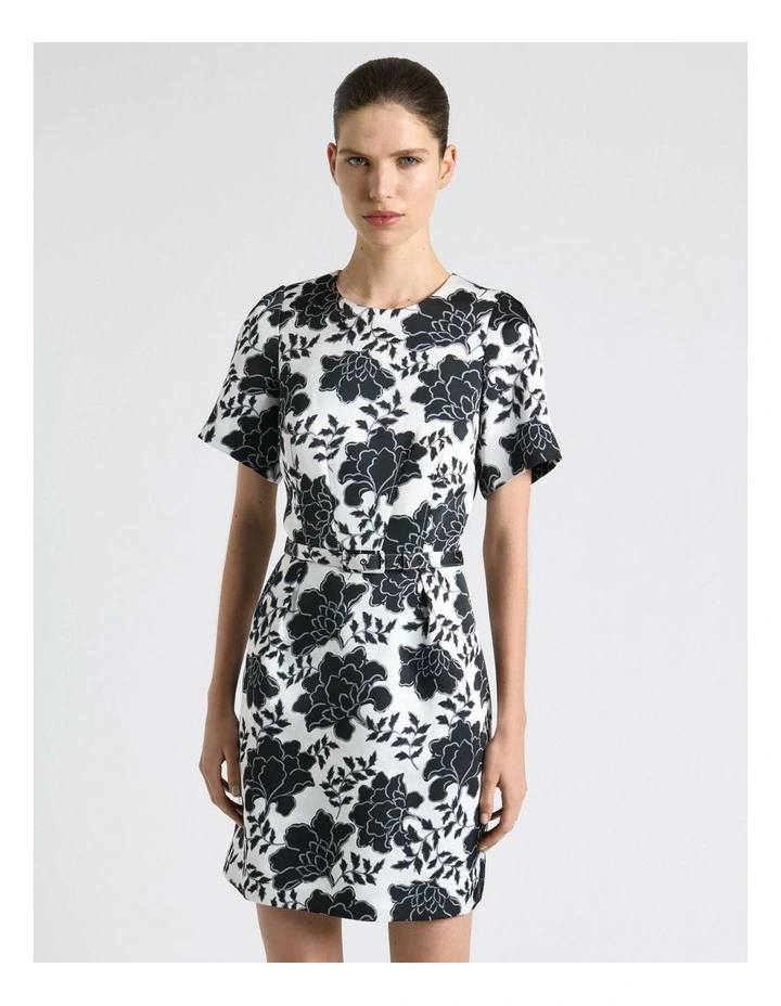Graphic Floral Satin Mini Dress in Cream image 3