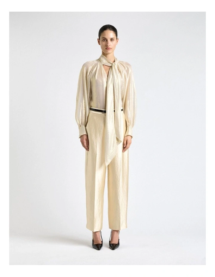 Silk Lurex Tie Neck Shirt in Gold image 3
