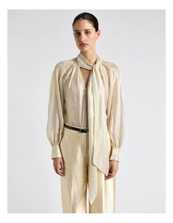 Silk Lurex Tie Neck Shirt in Gold image 4
