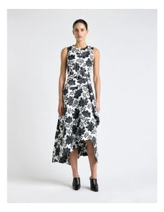 Graphic Floral Satin Draped Midi Dress in Cream