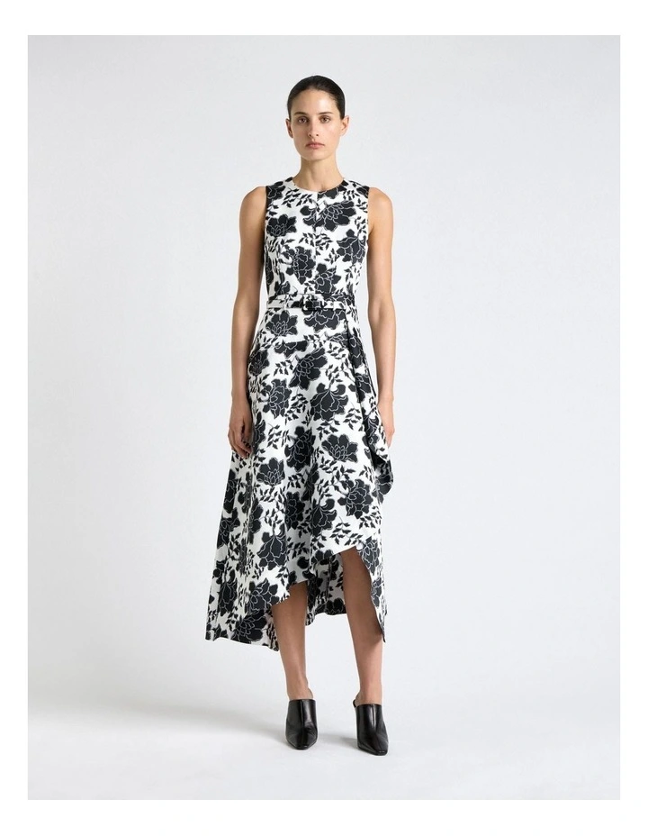 Graphic Floral Satin Draped Midi Dress in Cream image 1